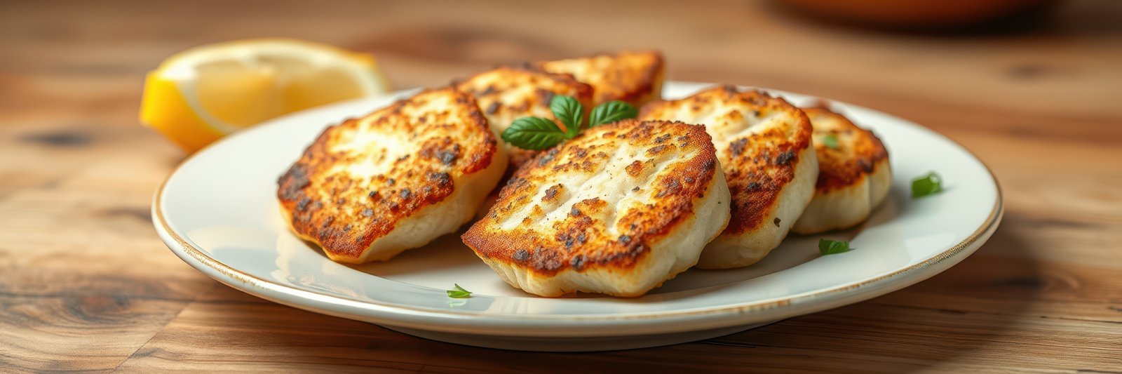 A plate of fried cheese, garnished with fresh herbs, sits on a wooden table